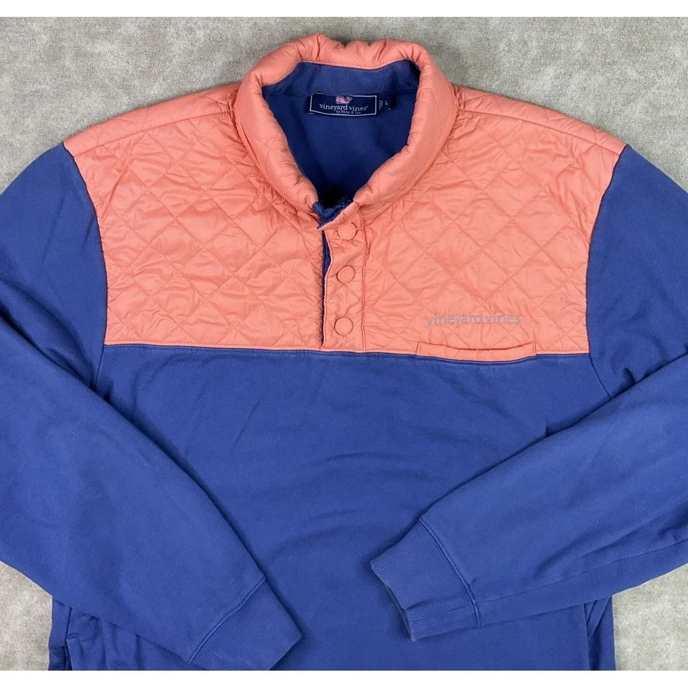 Vineyard Vines Sweater Men Sz L 1/4 Snap Pullover Hooded Quilted Blue Orange